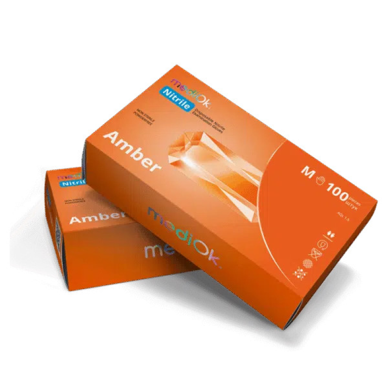 Рукавички нітрилові mediOk AMBER 100 шт./50 пар жовтогарячі XS